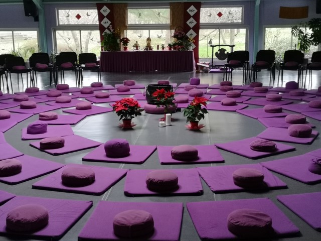 Image of a meditation hall in Plum Village, France, with purple meditation cushions and flowers.