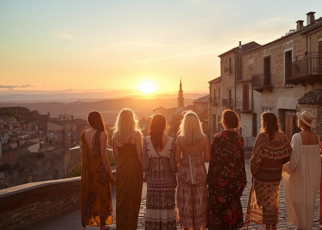 Women wearingi colourful summer clothes in a medieval town on retreat in Spain.